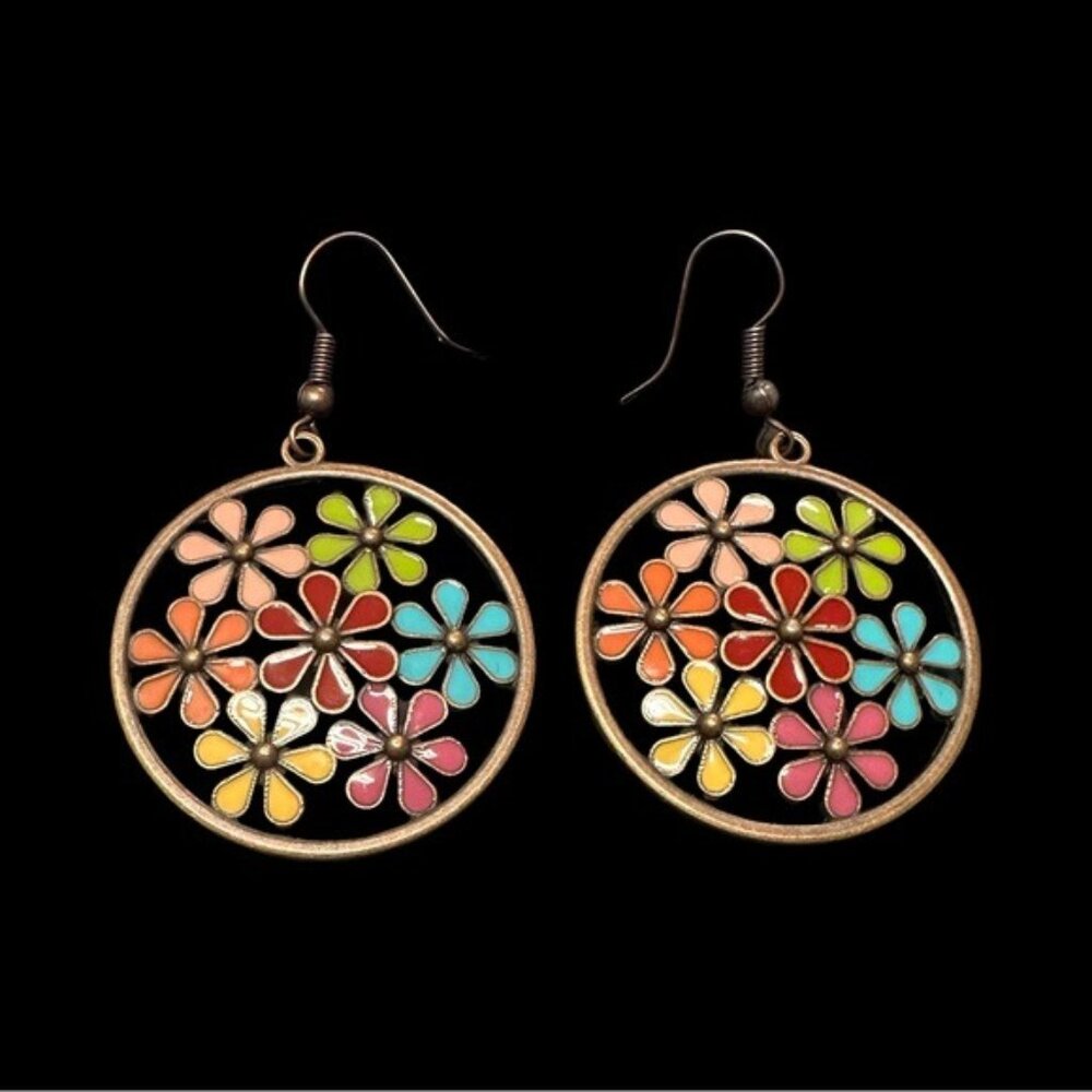Colorful Floral Design Circle Drop Earrings With Bronze Tone Finish For Women Li - Picture 1 of 3